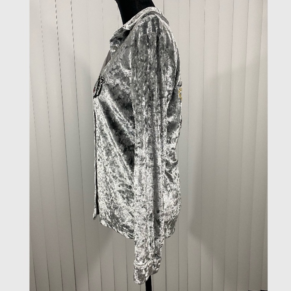 JADED LONDON Crushed Velvet Button Down Shirt Blouse Embroidered Panther Silver - Picture 9 of 14